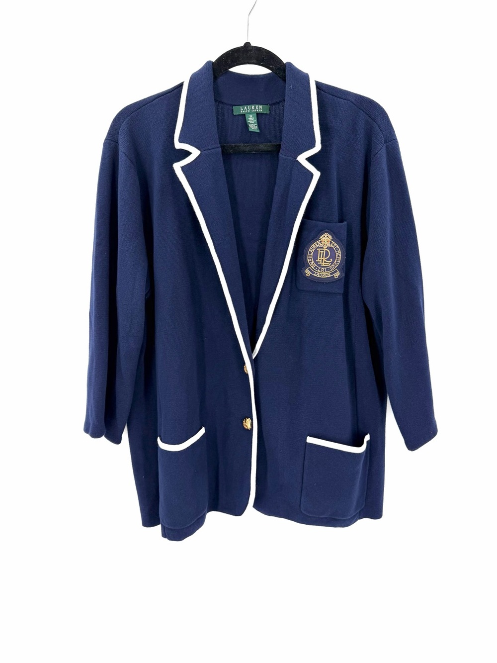 Lauren Ralph Lauren Structured Collared Crest Preppy Navy Button Blazer Sweater